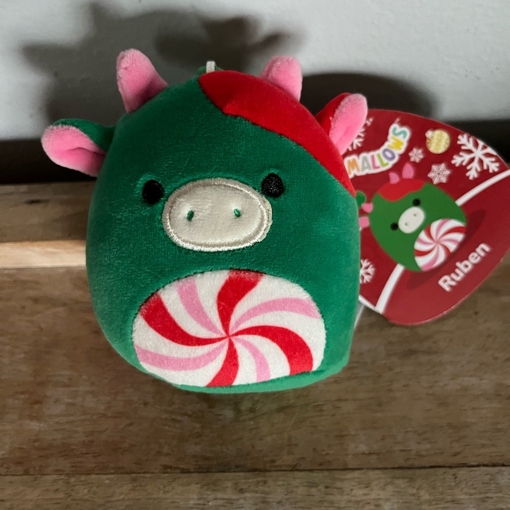Squishmallow 2025 Christmas Ruben the Cow 5” Green Red Swirl Pink Horns NEW - Picture 1 of 8